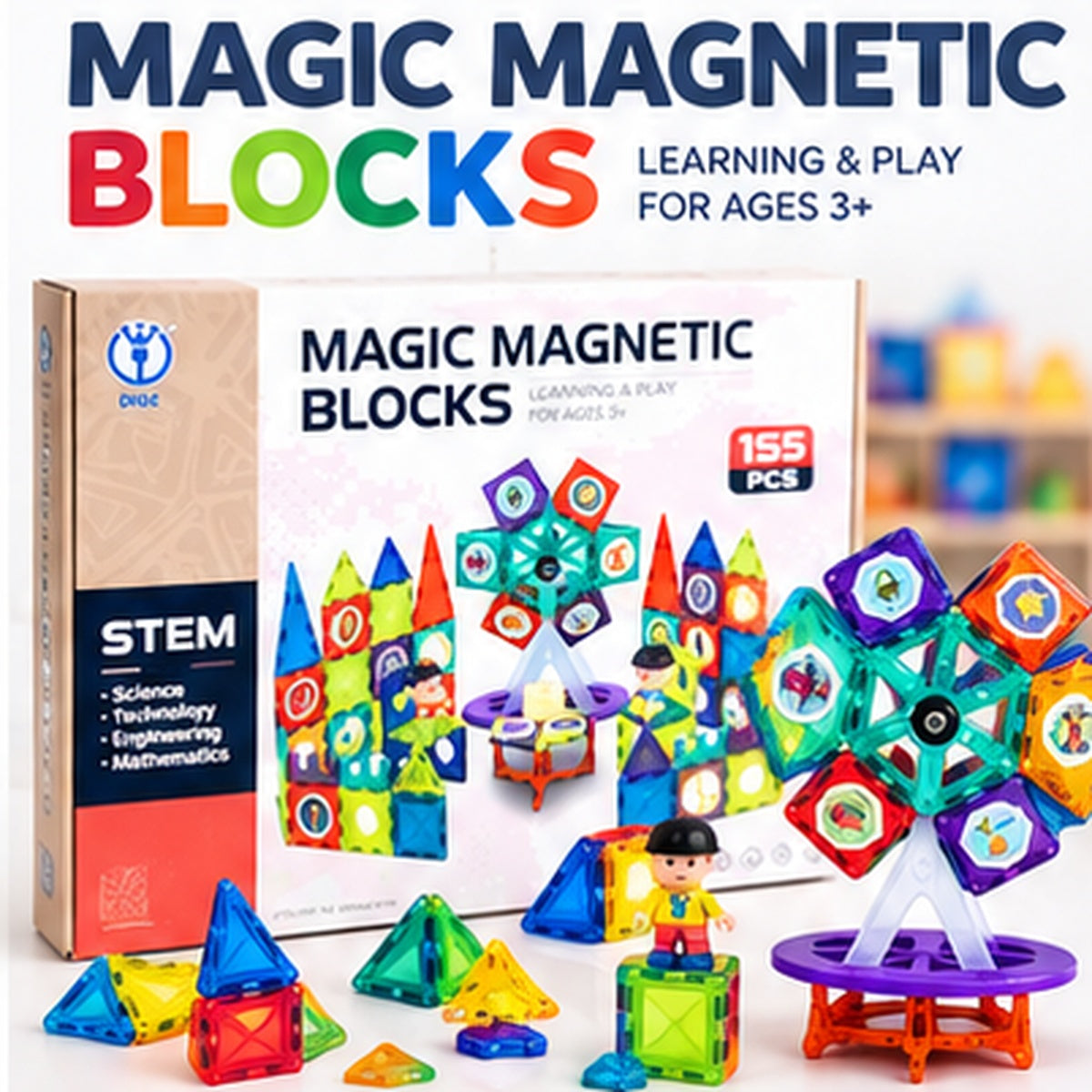 Magnetic Building Blocks Set – 155 Pieces