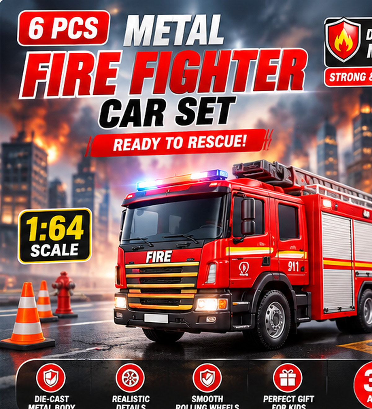 6-Piece Metal Fire Fighter Car Set