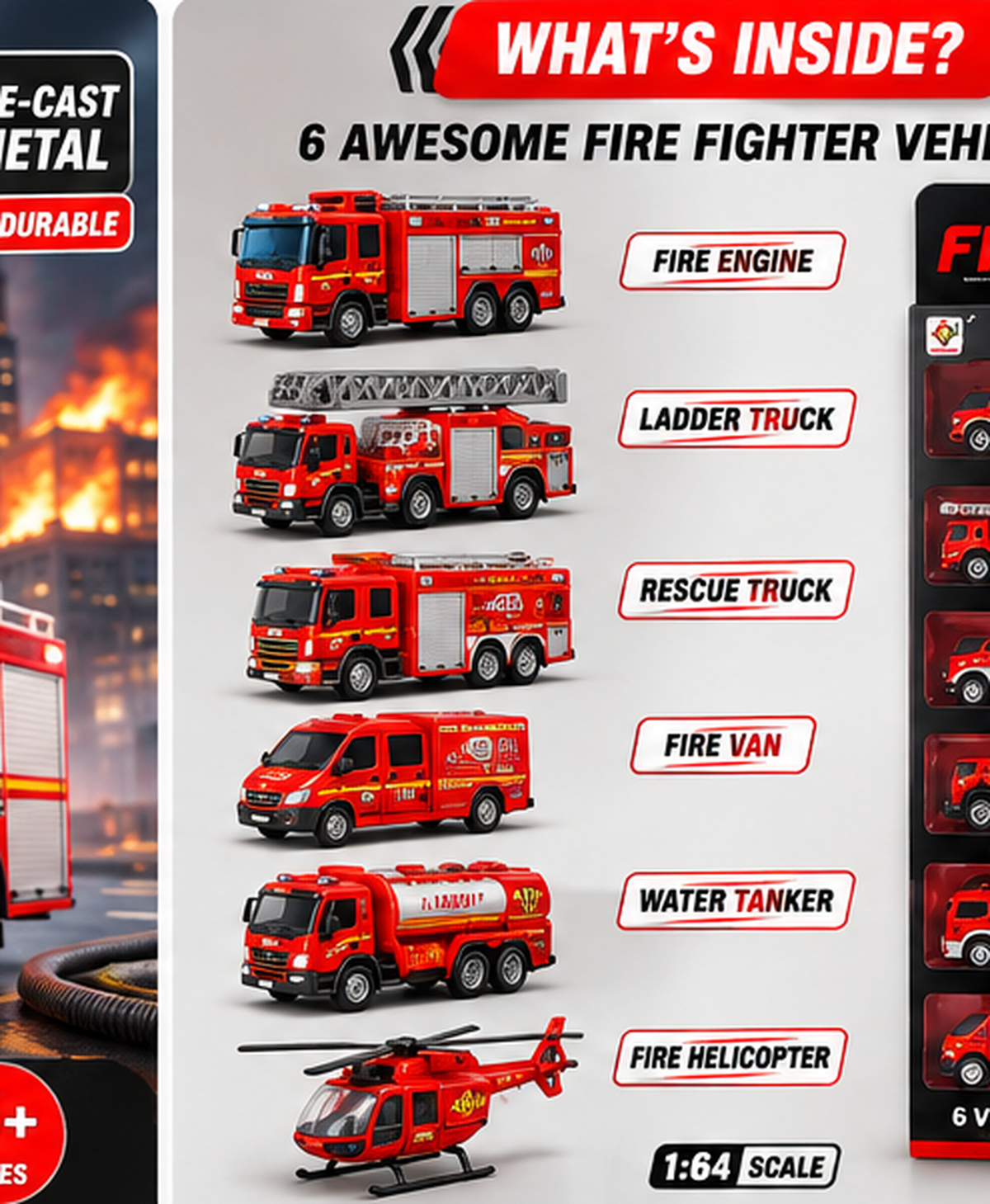 6-Piece Metal Fire Fighter Vehicle Set