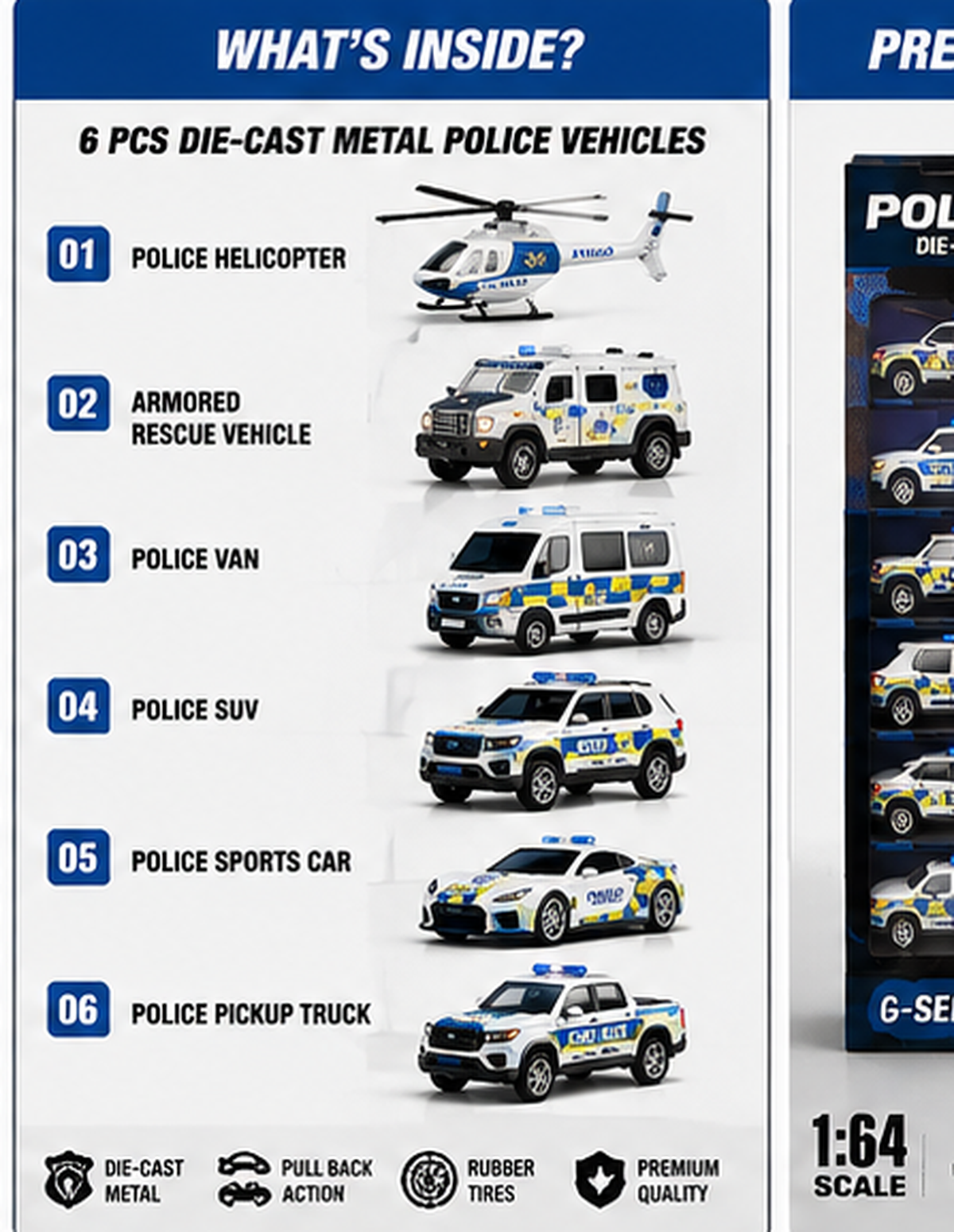 6-Piece Metal Police Vehicle Set