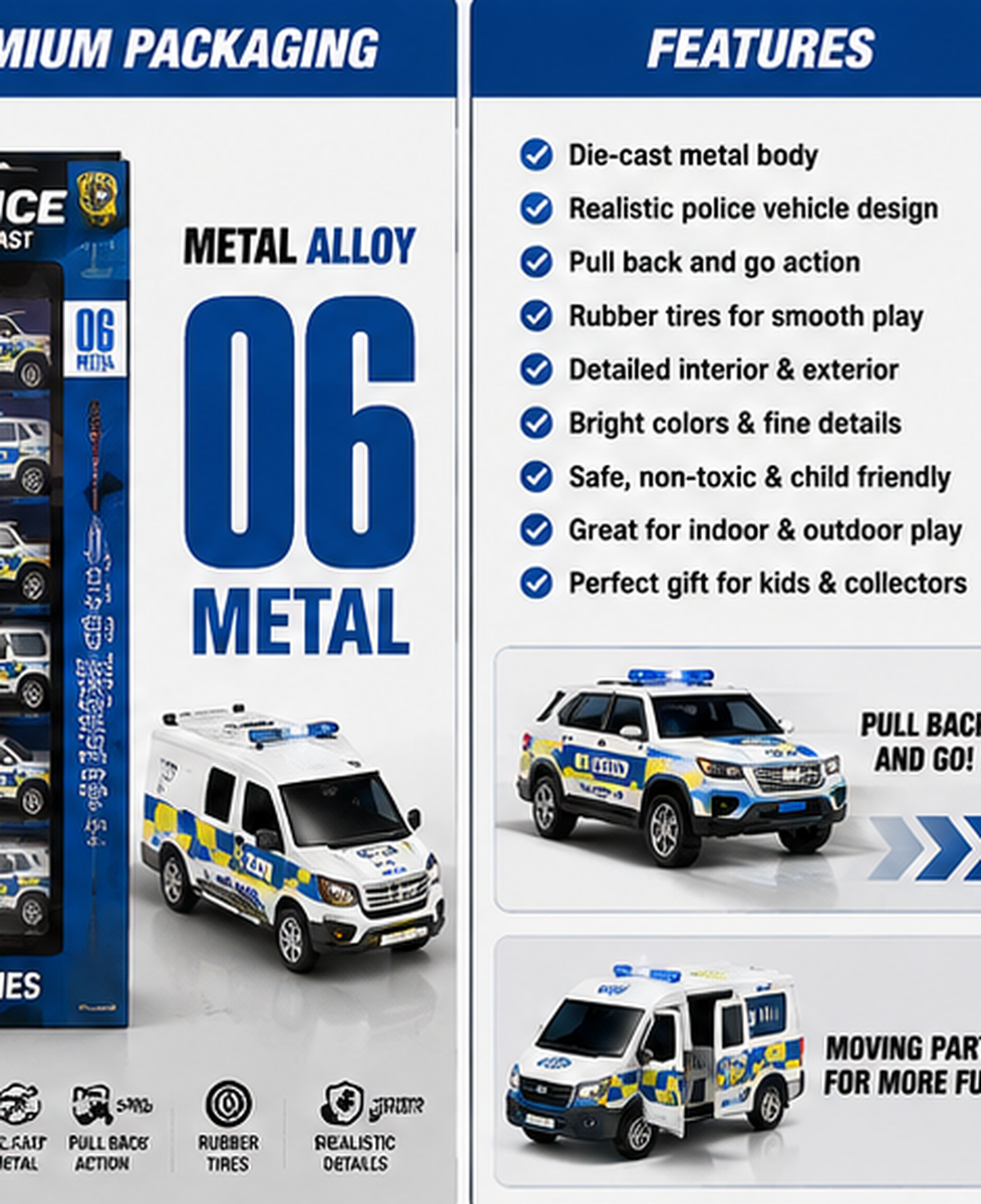 6-Piece Metal Police Vehicle Set