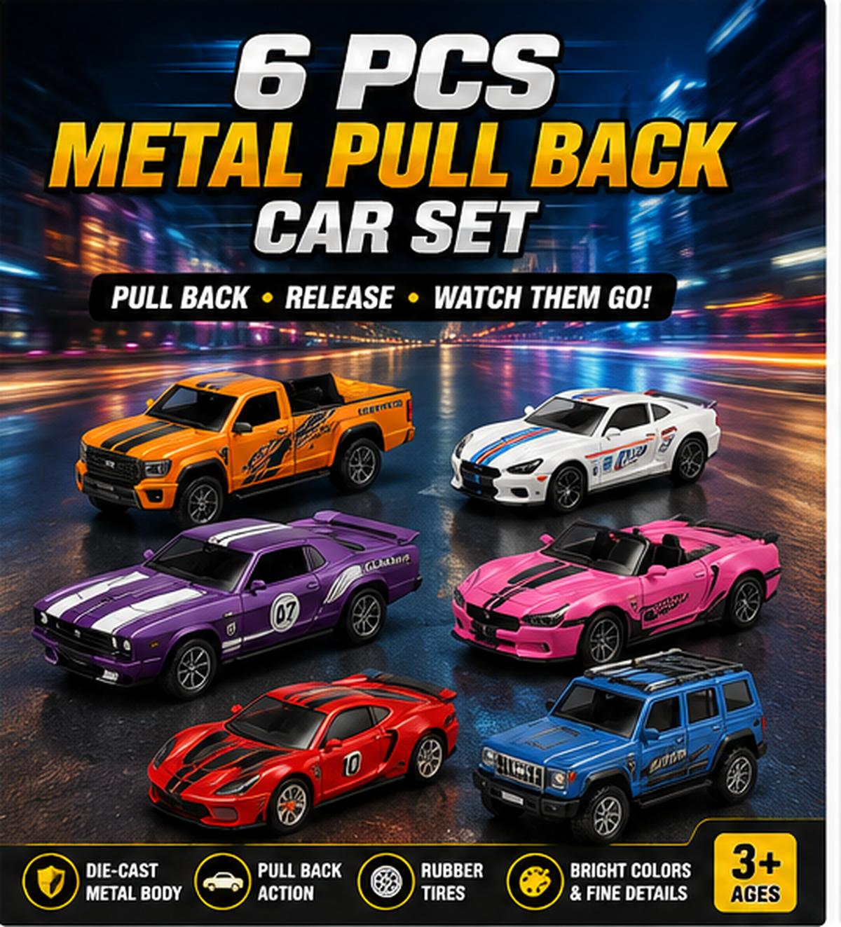 6-Piece Metal Pull-Back Car Set